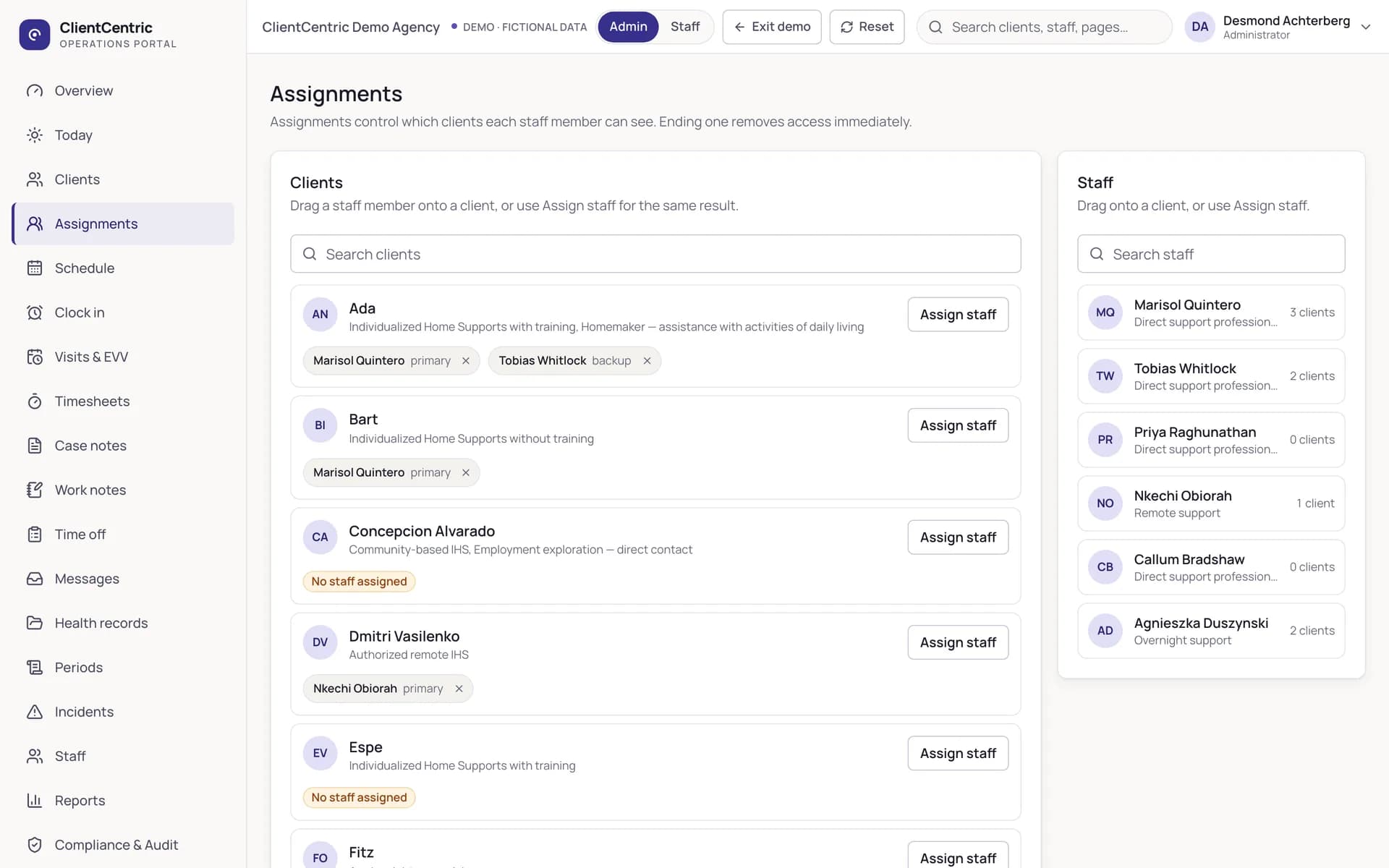ClientCentric assignment board: clients with their assigned staff, staff column with caseloads, and assign-staff actions