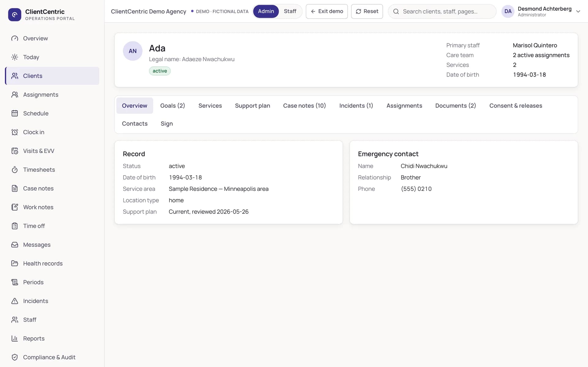 ClientCentric client record for an I/DD provider: header with status and care team, and tabs for goals, services, support plan, case notes, incidents, documents, consents, and contacts