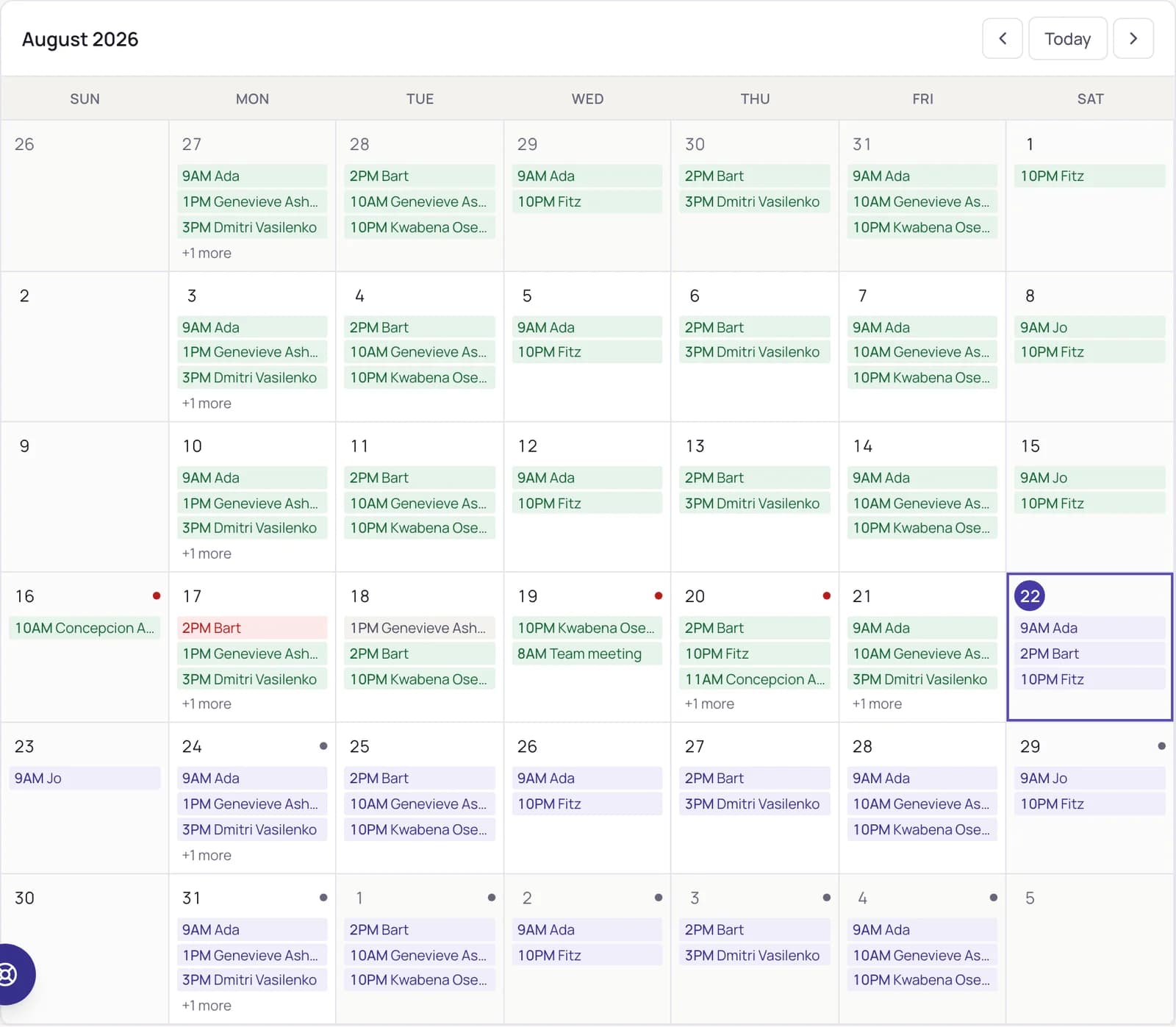 The schedule: a real month calendar with visit chips and a today ring