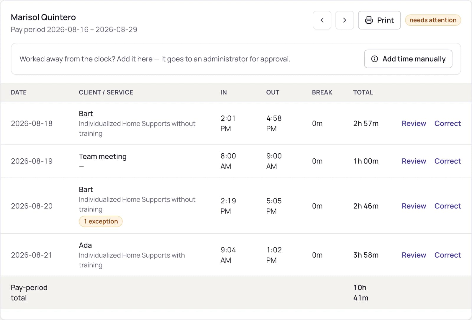 A timesheet: rows of worked time with exception flags and approval state