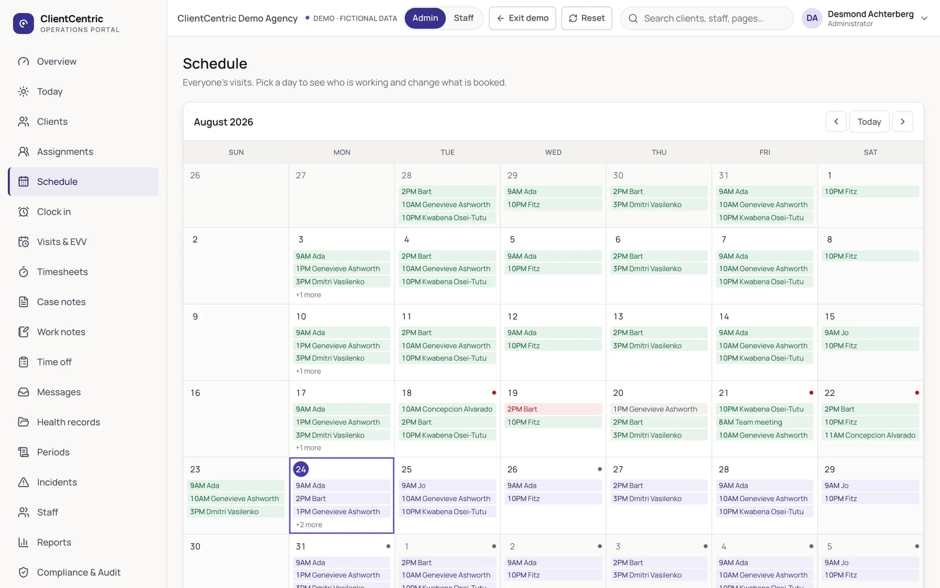 ClientCentric schedule: a real month calendar with visit chips per day and a today ring, for a home care agency